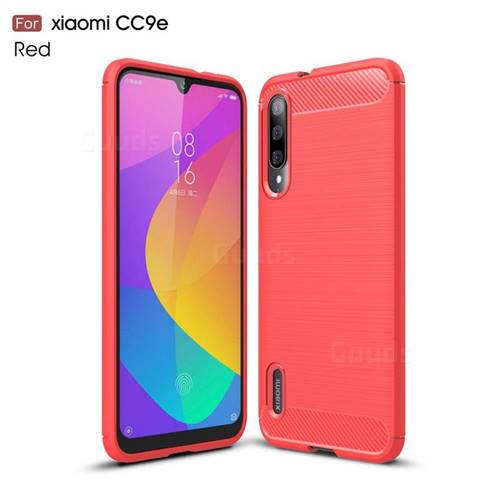 Luxury Carbon Fiber Brushed Wire Drawing Silicone TPU Back Cover for Xiaomi Mi CC9e - Red