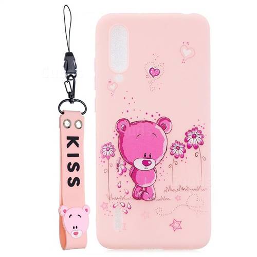 Pink Flower Bear Soft Kiss Candy Hand Strap Silicone Case for Xiaomi Mi CC9e