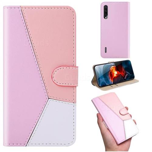 Tricolour Stitching Wallet Flip Cover for Xiaomi Mi CC9e - Pink