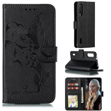 Intricate Embossing Lychee Feather Bird Leather Wallet Case for Xiaomi Mi CC9e - Black