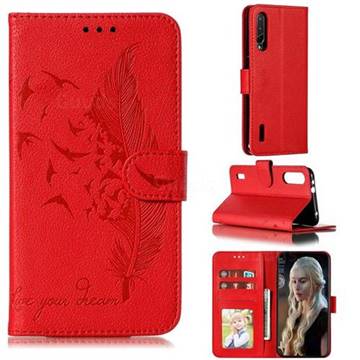 Intricate Embossing Lychee Feather Bird Leather Wallet Case for Xiaomi Mi CC9e - Red