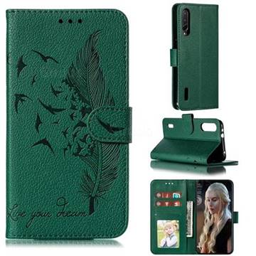 Intricate Embossing Lychee Feather Bird Leather Wallet Case for Xiaomi Mi CC9e - Green