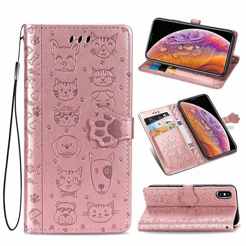 Embossing Dog Paw Kitten and Puppy Leather Wallet Case for Xiaomi Mi CC9e - Rose Gold