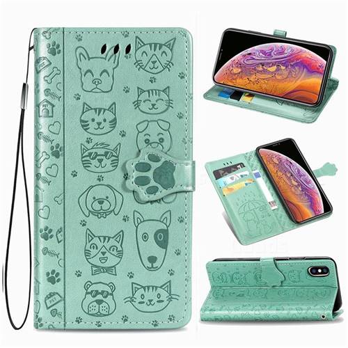 Embossing Dog Paw Kitten and Puppy Leather Wallet Case for Xiaomi Mi CC9e - Green