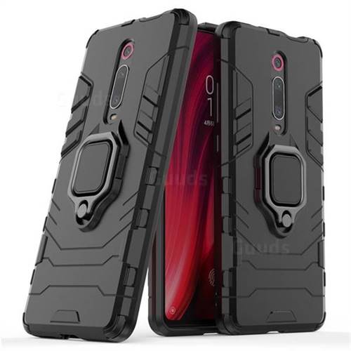 Black Panther Armor Metal Ring Grip Shockproof Dual Layer Rugged Hard Cover for Xiaomi Redmi K20 / K20 Pro - Black