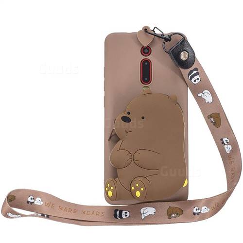 Brown Bear Neck Lanyard Zipper Wallet Silicone Case for Xiaomi Redmi K20 / K20 Pro