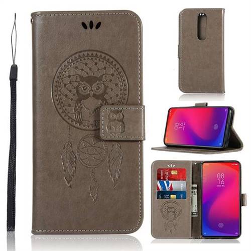 Intricate Embossing Owl Campanula Leather Wallet Case for Xiaomi Redmi K20 / K20 Pro - Grey