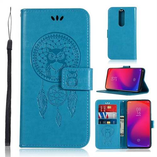 Intricate Embossing Owl Campanula Leather Wallet Case for Xiaomi Redmi K20 / K20 Pro - Blue