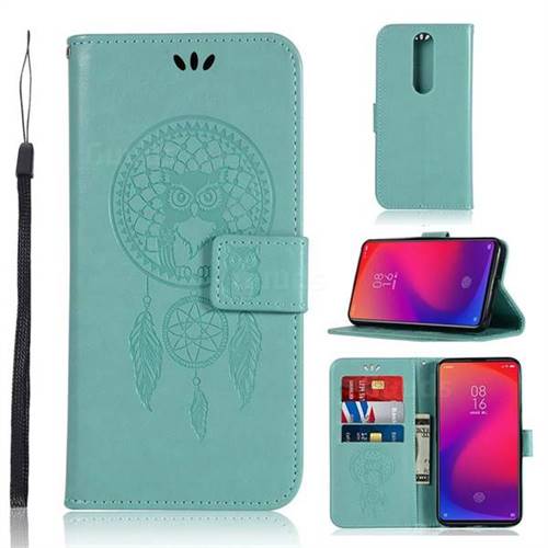 Intricate Embossing Owl Campanula Leather Wallet Case for Xiaomi Redmi K20 / K20 Pro - Green