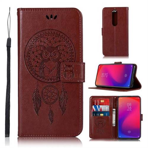Intricate Embossing Owl Campanula Leather Wallet Case for Xiaomi Redmi K20 / K20 Pro - Brown