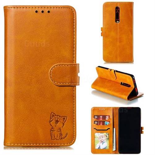 Embossing Happy Cat Leather Wallet Case for Xiaomi Redmi K20 / K20 Pro - Yellow