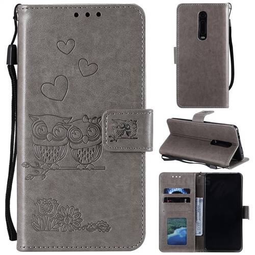 Embossing Owl Couple Flower Leather Wallet Case for Xiaomi Redmi K20 / K20 Pro - Gray