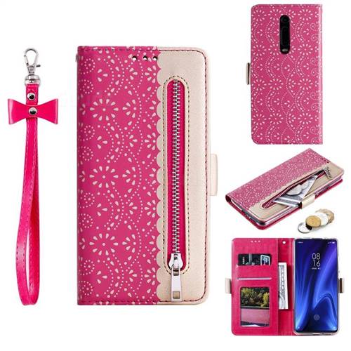 Luxury Lace Zipper Stitching Leather Phone Wallet Case for Xiaomi Redmi K20 / K20 Pro - Rose