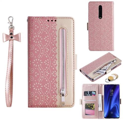 Luxury Lace Zipper Stitching Leather Phone Wallet Case for Xiaomi Redmi K20 / K20 Pro - Pink