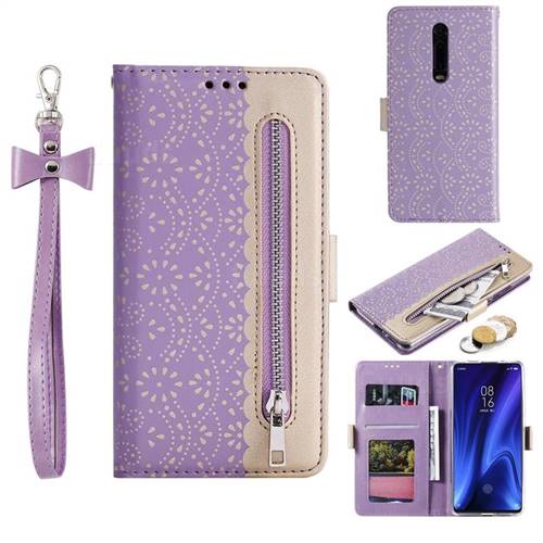 Luxury Lace Zipper Stitching Leather Phone Wallet Case for Xiaomi Redmi K20 / K20 Pro - Purple
