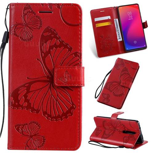 Embossing 3D Butterfly Leather Wallet Case for Xiaomi Redmi K20 / K20 Pro - Red