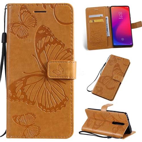 Embossing 3D Butterfly Leather Wallet Case for Xiaomi Redmi K20 / K20 Pro - Yellow