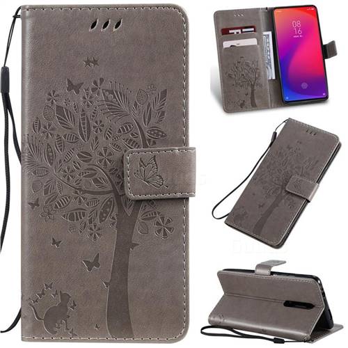 Embossing Butterfly Tree Leather Wallet Case for Xiaomi Redmi K20 / K20 Pro - Grey
