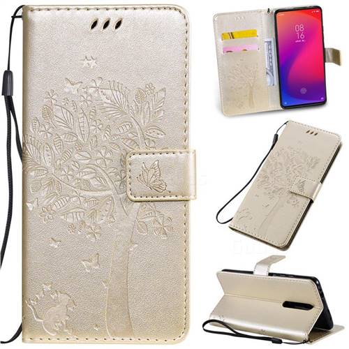 Embossing Butterfly Tree Leather Wallet Case for Xiaomi Redmi K20 / K20 Pro - Champagne