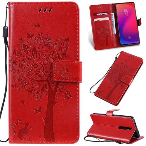 Embossing Butterfly Tree Leather Wallet Case for Xiaomi Redmi K20 / K20 Pro - Red