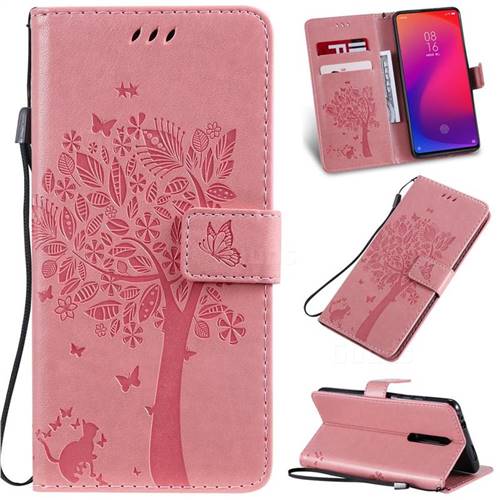Embossing Butterfly Tree Leather Wallet Case for Xiaomi Redmi K20 / K20 Pro - Pink