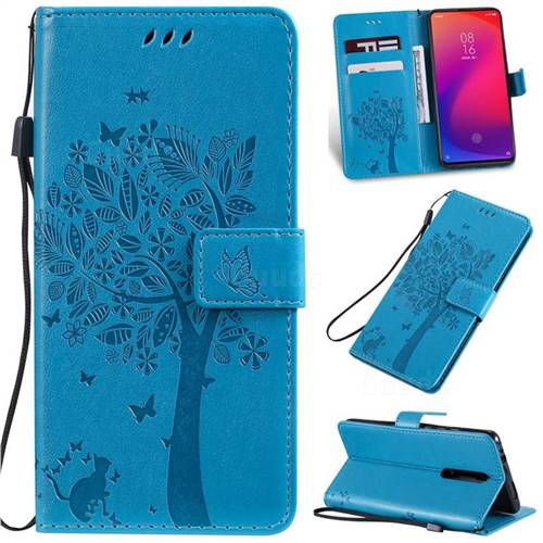 Embossing Butterfly Tree Leather Wallet Case for Xiaomi Redmi K20 / K20 Pro - Blue