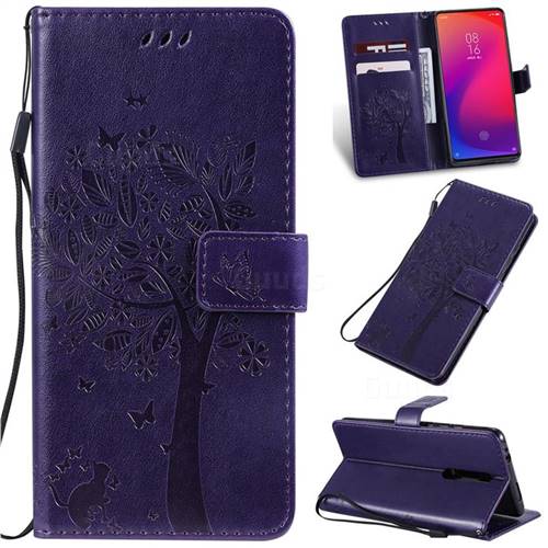 Embossing Butterfly Tree Leather Wallet Case for Xiaomi Redmi K20 / K20 Pro - Purple