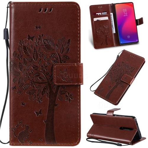 Embossing Butterfly Tree Leather Wallet Case for Xiaomi Redmi K20 / K20 Pro - Coffee