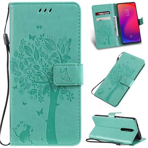 Embossing Butterfly Tree Leather Wallet Case for Xiaomi Redmi K20 / K20 Pro - Cyan