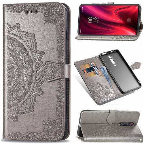 Embossing Imprint Mandala Flower Leather Wallet Case for Xiaomi Redmi K20 / K20 Pro - Gray