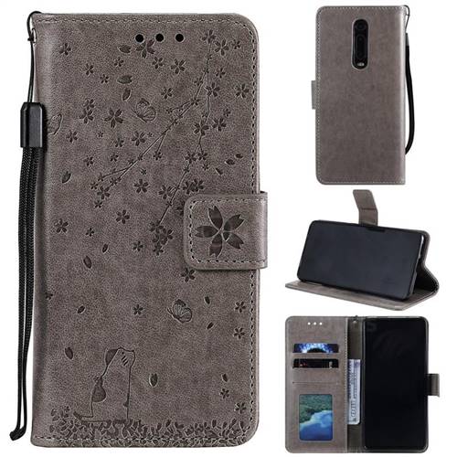 Embossing Cherry Blossom Cat Leather Wallet Case for Xiaomi Redmi K20 / K20 Pro - Gray