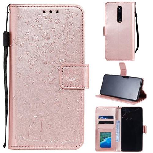 Embossing Cherry Blossom Cat Leather Wallet Case for Xiaomi Redmi K20 / K20 Pro - Rose Gold