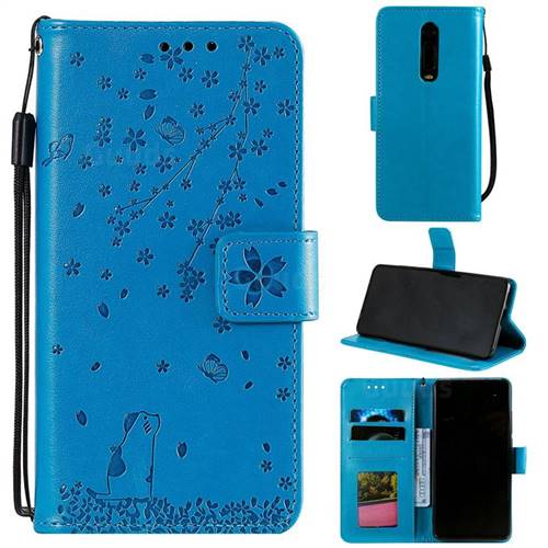 Embossing Cherry Blossom Cat Leather Wallet Case for Xiaomi Redmi K20 / K20 Pro - Blue