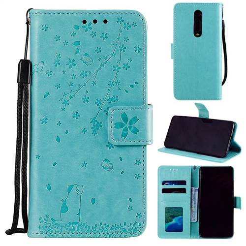 Embossing Cherry Blossom Cat Leather Wallet Case for Xiaomi Redmi K20 / K20 Pro - Green