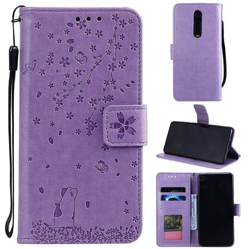 Embossing Cherry Blossom Cat Leather Wallet Case for Xiaomi Redmi K20 / K20 Pro - Purple