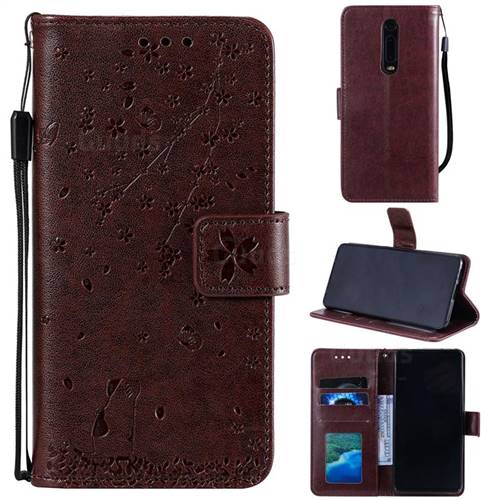 Embossing Cherry Blossom Cat Leather Wallet Case for Xiaomi Redmi K20 / K20 Pro - Brown