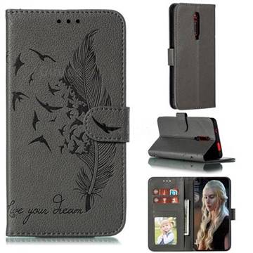 Intricate Embossing Lychee Feather Bird Leather Wallet Case for Xiaomi Redmi K20 / K20 Pro - Gray
