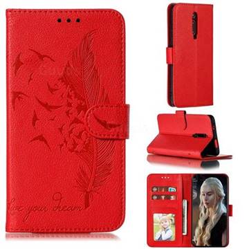 Intricate Embossing Lychee Feather Bird Leather Wallet Case for Xiaomi Redmi K20 / K20 Pro - Red