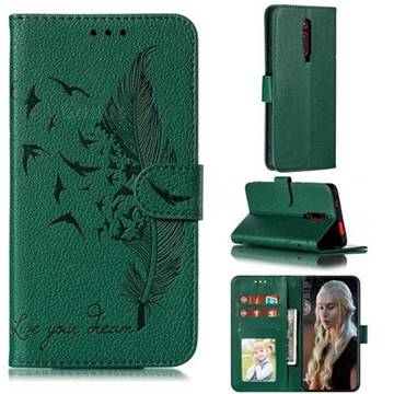 Intricate Embossing Lychee Feather Bird Leather Wallet Case for Xiaomi Redmi K20 / K20 Pro - Green