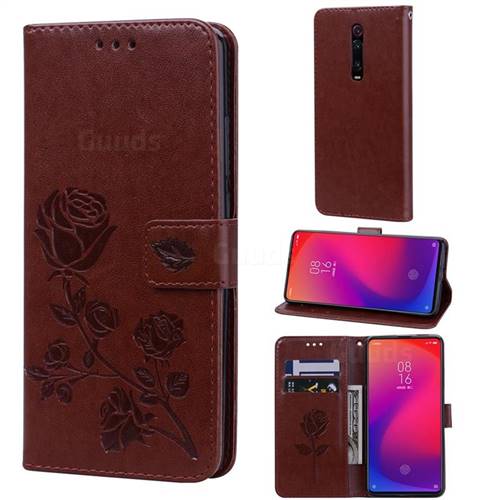 Embossing Rose Flower Leather Wallet Case for Xiaomi Redmi K20 / K20 Pro - Brown