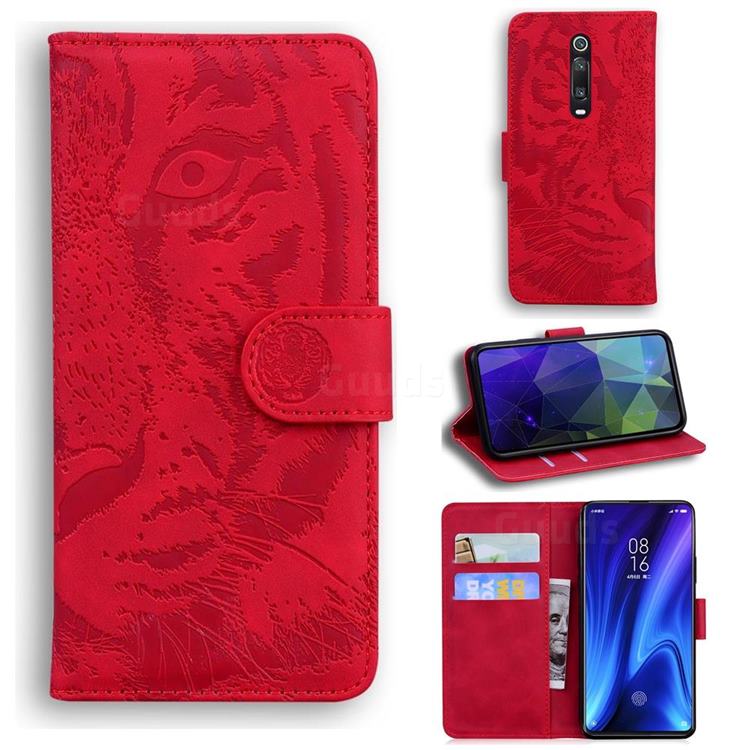 Intricate Embossing Tiger Face Leather Wallet Case for Xiaomi Redmi K20 / K20 Pro - Red