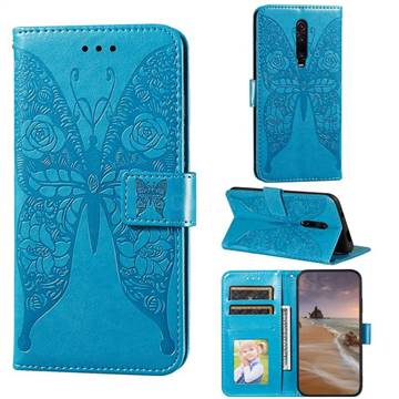 Intricate Embossing Rose Flower Butterfly Leather Wallet Case for Xiaomi Redmi K20 / K20 Pro - Blue