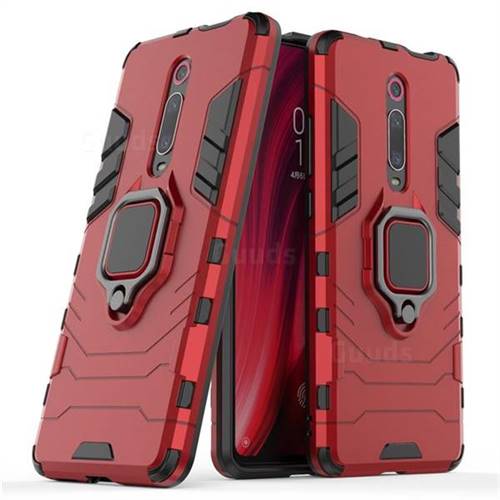 Black Panther Armor Metal Ring Grip Shockproof Dual Layer Rugged Hard Cover for Xiaomi Redmi K20 Pro - Red