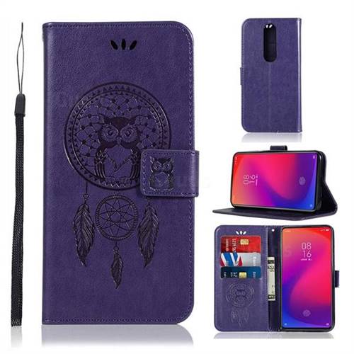 Intricate Embossing Owl Campanula Leather Wallet Case for Xiaomi Redmi K20 Pro - Purple