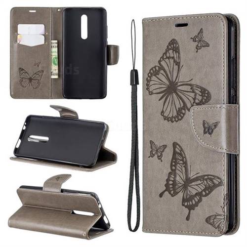 Embossing Double Butterfly Leather Wallet Case for Xiaomi Redmi K20 Pro - Gray