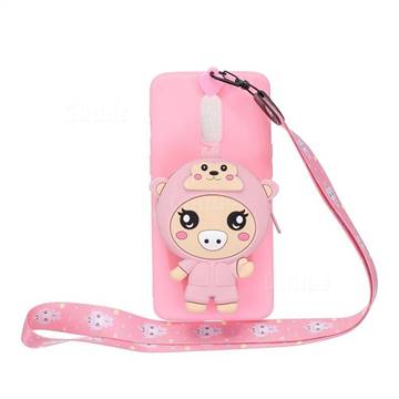 Pink Pig Neck Lanyard Zipper Wallet Silicone Case for Xiaomi Redmi K30