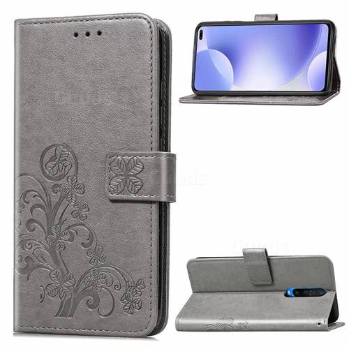 Embossing Imprint Four-Leaf Clover Leather Wallet Case for Xiaomi Redmi K30 - Grey