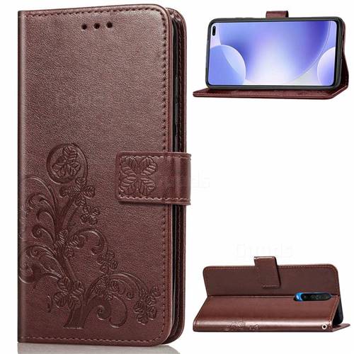 Embossing Imprint Four-Leaf Clover Leather Wallet Case for Xiaomi Redmi K30 - Brown