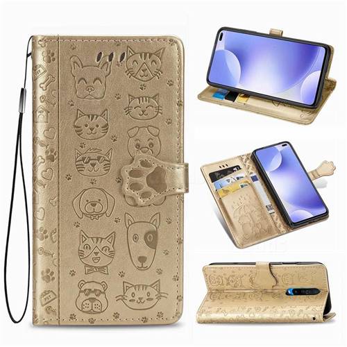 Embossing Dog Paw Kitten and Puppy Leather Wallet Case for Xiaomi Redmi K30 - Champagne Gold