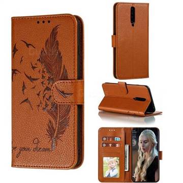 Intricate Embossing Lychee Feather Bird Leather Wallet Case for Xiaomi Redmi K30 - Brown